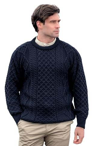 Aran Crafts Pull Irlandais Doux en Tricot torsadé à col Rond (100% Pure Laine Vierge), Bleu Marine, XL