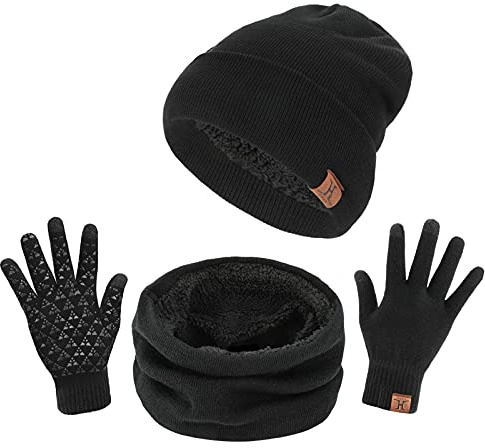 TAGVO Tricotés Ensemble d'hiver Bonnet écharpe gants d'écran tactile 3 en 1, doublure molleton doux Bonnet tricoté chaud cache-cou extensible gants tactiles à 3 doigts pour Homme Femme