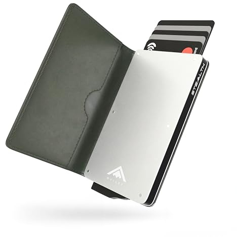 Stealth Wallet Tarjetero Hombre con Protección RFID - Cartera Tarjetero con Pop Up y Caja de Regalo - Porta Tarjetas de Crédito de Metal Delgado y Ligero (Aluminio Plateado, Cuero Verde)