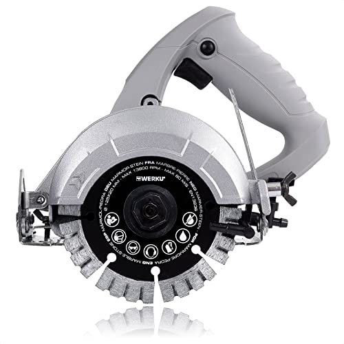 Werku WK400740, Sierra Circular Mármol-Piedra, Calidad Profesional, Potencia 1250 W, Disco 125 mm, Graduable 45º, Sistema Refrigeración, Incluye Disco Corte y Manguera Agua