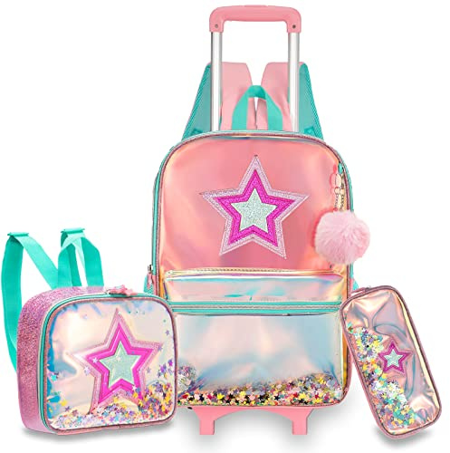Egchescebo School Kids Rolling Backpack for Girls With Wheels Trolley Wheeled Backpacks Travel Bags 3PCS With Lunch Box Kids Rolling Suitcase Pink