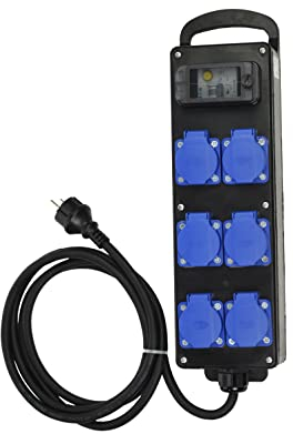 Coffret de chantier monophasé en caoutchouc 6 prises 16 Ampères 230 volts avec un disjoncteur différentiel, câble 3G2,5 et fiche NF 2 Pôle + Terre. IP44/IK08.