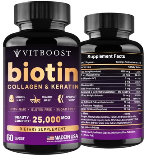 VITBOOST Biotin with Hyaluronic Acid, Collagen and Keratin – 25000 mcg Hair Growth Vitamins for Men and Women – Nails and Skin, USA Made - Third Party Tested, B1, B2, B3, B6, B7 Complex - 60 Capsules