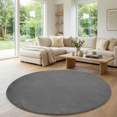 Jimri Flauschiger Teppich Läufer - Hochwertiger Kurzflor für Zuhause, Büro, Küche, Eingang, Flur, Wohnzimmer - Maschinenwaschbar - Rutschfester Teppich Waschbar - 160 cm Rund - Anthrazit