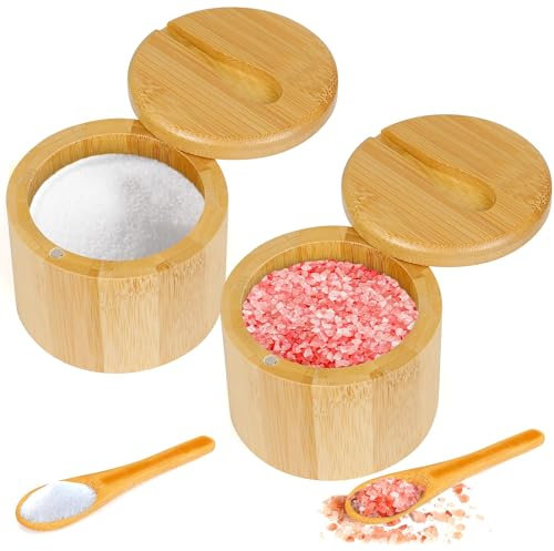 OLHAUYUAN 2Pcs Bamboo Salt Cellar Spice Box with Magnetic Swivel Lid & Spoon, Bamboo Storage Box Salt Container to Storage Pepper, Table Salt, Gourmet Salts, Spice, 6 oz