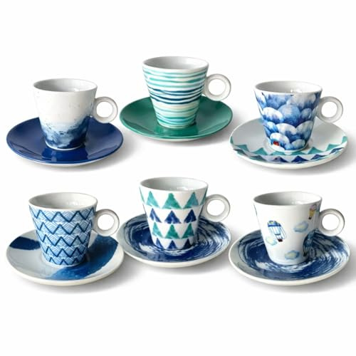 PALUPLUS Set 6 Tazzine Caffè con Piattino in Porcellana da 80 ml, Tazze da Espresso con manico, Lavabili in Lavastoviglie, adatte per Microonde, FANTASIA OCEAN -268