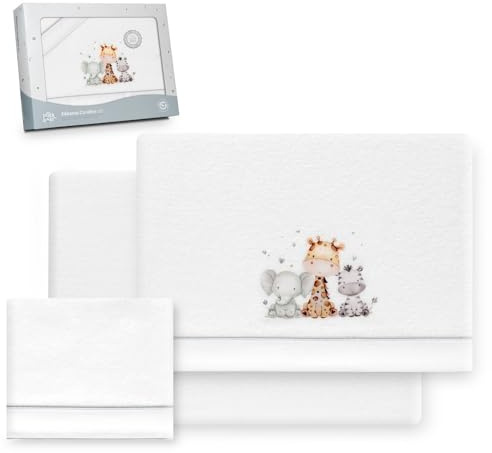Interbaby - Juego Sabanas Cuna 60x120 Poliester 100% | Sabana Cuna Coralina, Cálida | Incluye Sabana Bajera, Encimera y Funda de Almohada | Ideal para Invierno | Jirafa Elefante Blanco/Gros