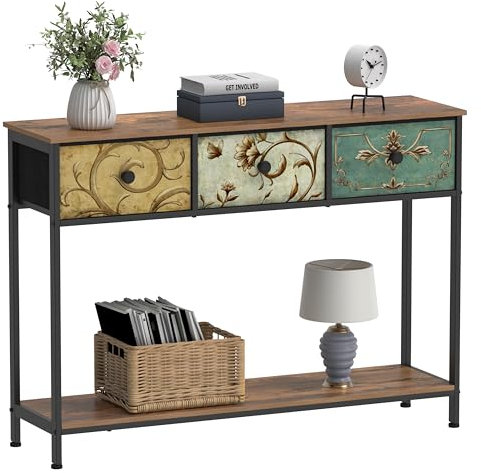 VEDECASA Konsolentisch Beistelltisch mit 3 Stoffschubladen Flurtisch mit Offenen Ablagefächern Eingangtisch Sofatisch für Flur Wohnzimmer Schlafzimmer Holz Metallrahmen einfache Montage Vintage Braun