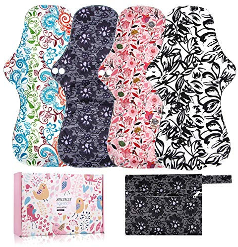 ZCOINS 32,5 cm waschbare Damenbinden für die Nacht (4er-Pack) Wiederverwendbare Menstruationstücher Menstruationstücher mit Bambuskohle-Saugschicht, Overnight mit gewelltem Schwanz