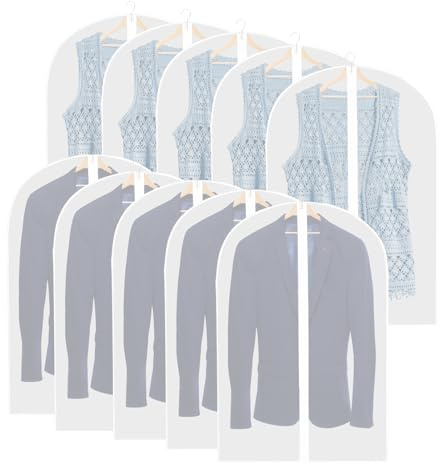 Luabue 10 Pack Garment Bags 60 x 80 cm Dustproof Suit Bags, 31inch PEVA Translucent Suit Covers for Hanging Clothes Coat Jackets, Waterproof Clothes Covers Protector Bags Washable Closet Organizer