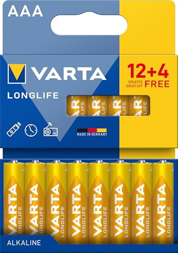 VARTA Pile AAA, 12+4 (16 pezzi), Longlife, Alcaline, 1,5V, ideale per telecomandi, sveglie, radio, orologi da parete, imballaggio riciclato al 90%, Made in Germany