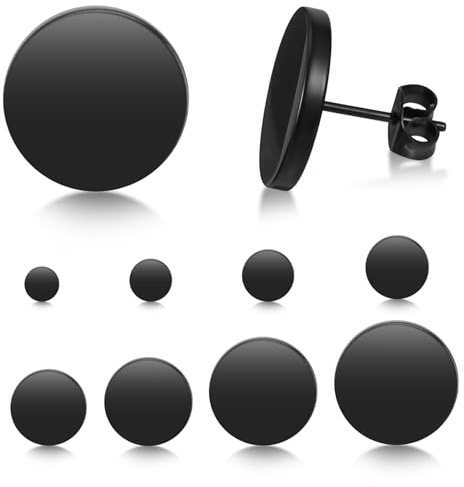 Xinjoduz 9 Pairs Surgical Steel Earrings, Black Flat Back Stud Earrings Set Stainless Steel Stud Earring for Men Women Decoration (3 mm-14 mm)