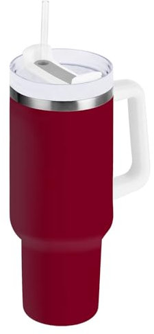 Vaso de 40 onzas con asa y tapa con popote, reutilizable, aislado al vacío, de acero inoxidable, para bebidas frías y calientes, color borgoña