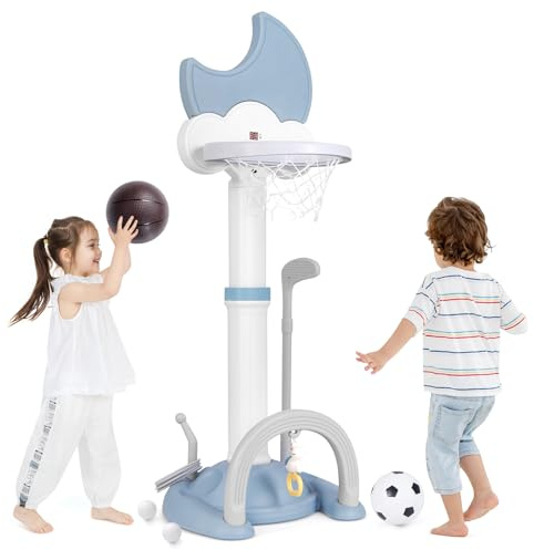 COSTWAY 4 en 1 Panier de Basket Enfant en Forme Lune avec Effets Sonores des Buts & Hauteur Réglable, Aire de Jeu Sportive avec Football, Golf et Jeu de Anneaux, Tableau d’Affichage pour 3 Ans+ (Bleu)