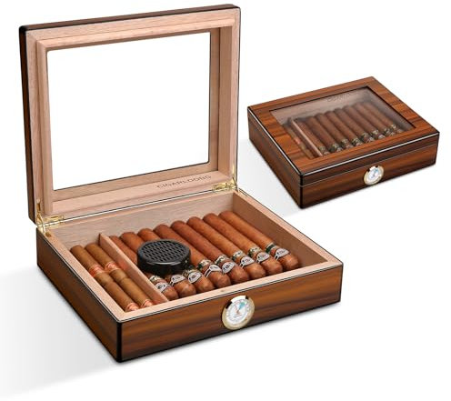 Cigar Humidors Cedar Wood with Humidifier and Hygrometer, Elegant Cigars Humidor Case, Cigar Cabinet Box with Tempered Glass Top, Holds 20-30 Cigars(M)