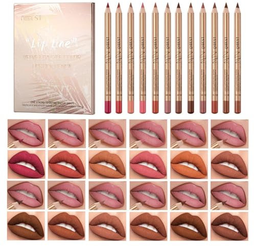 12Pcs Nude Lip Liner Set - Lipstick Pencil Lip Liner Stain - Long-lasting & Waterproof Lip Liner - High Pigmented Lipstick Pencil Smooth Texture - Natural Lipliner Brown Makeup Gift