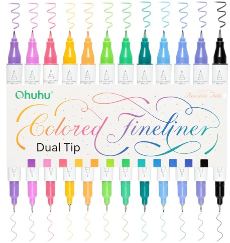 Ohuhu Fineliner Pens, 12 Farben Wasserfest Alkoholfest Kalligraphie Pinsel & Fine Liner Dual Tips Fineliner für Erwachsene Künstler & Anfänger Aquarell Zeichnen Skizzieren Manga Anime Bullet Journal