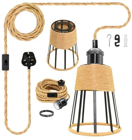 Retro Hemp Rope Hanging Lamp with Plug, 510 cm Vintage Plug in Pendant Lighing, Industrial Brass Suspended Pendant Light Fitting with E27 Bulb Socket,16x14 cm Metal Lampshade for Home Terrace,No Bulb