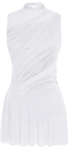Chaoyinn Justaucorps Ginnastica Donna Abito Danza Pattinaggio Artistico Competizione Strass Body Ballet Danza Moderna Contemporanea Senza Maniche Bianco S