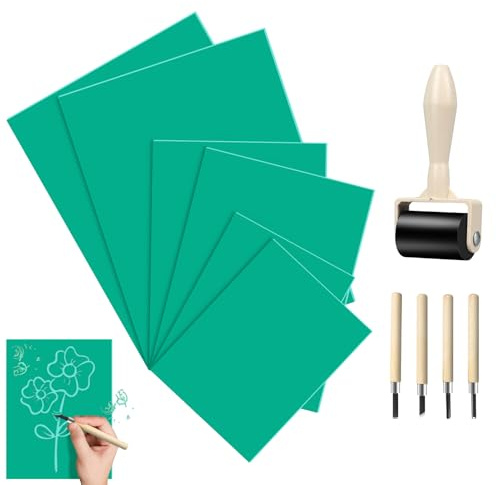 11 PCS Lino Printing Kit, Lino Cutting and Printing Kit with 6 Lino Sheets 1 Brayer Roller 4 Cutter Tools Green Soft Flat Surface Linocut Lino Printing Plates for Engraving Printmaking DIY Stamp Craft