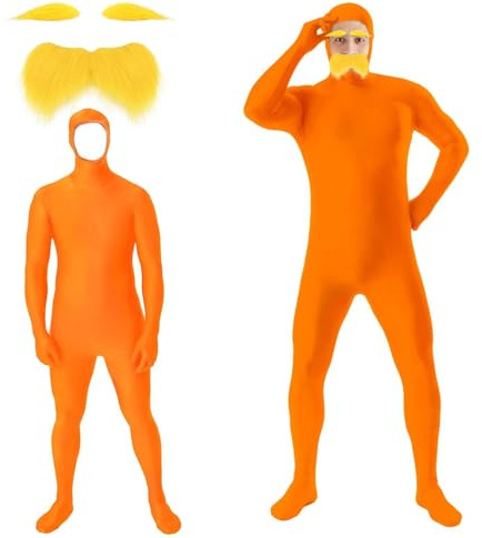 EHOTER Disfraz de cuerpo completo con bigote naranja y cejas, para adultos, con cara abierta, para hombre, disfraz de Halloween (160 cm)