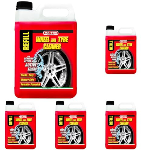 Ma-Fra Pulitore Cerchi e Gomme, Deterge e Sgrassa Gli Pneumatici delle Auto, Ideale per Rinnovare Cerchi e Gomme, Utilizzabile con Schiuma o Senza Schiuma, Formato 4500ml (Confezione da 5)