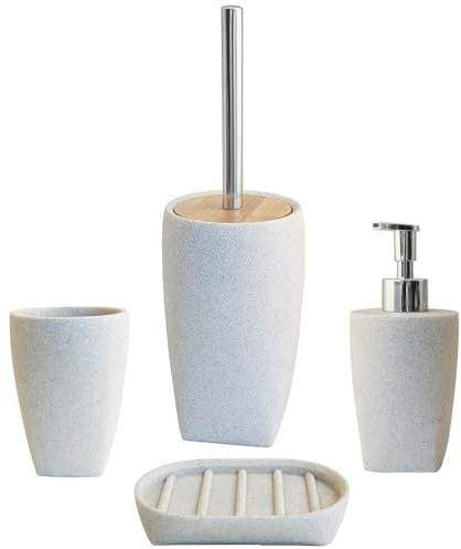 Schläfer 285350 | Set Bagno Completo serie Sable, Dispenser Portasapone Liquido, Portasaponetta, Bicchiere Portaspazzolino, Portascopino, Accessori Bagno in Resina Colore Sabbia Effetto Pietra -4 Pz