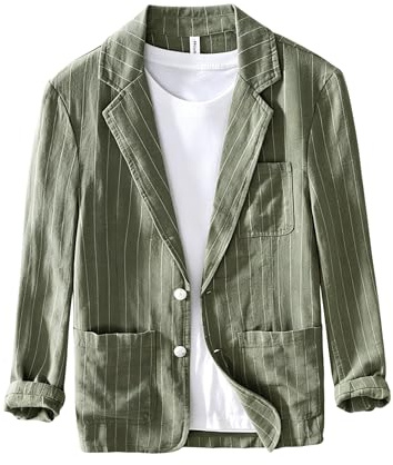 Generico Blazer da Uomo in Lino, Casual Estivo, Sportivo, Leggero, Traspirante, A Righe, Casual, con Revers A Tacca, Due Bottoni, Giacca da Completo per Matrimoni, Affari, Vacanze, Viaggi, Abbigliam