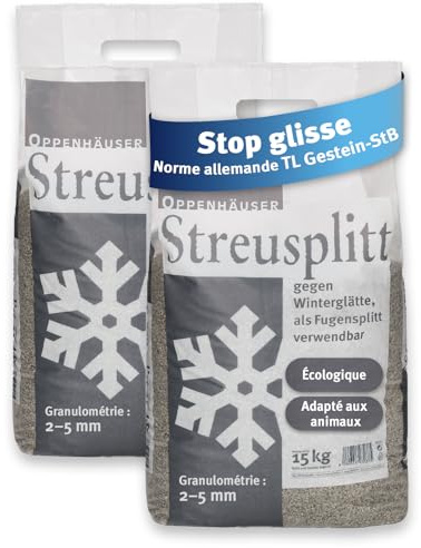 OPPENHÄUSER Diabas Streusplitt 30kg 2-5mm Körnung: sofort rutschhemmend, umweltschonendes Streugranulat für sichere Straßen & Parkflächen, TL Gestein-StB Norm, Premium Qualität, 2x15kg