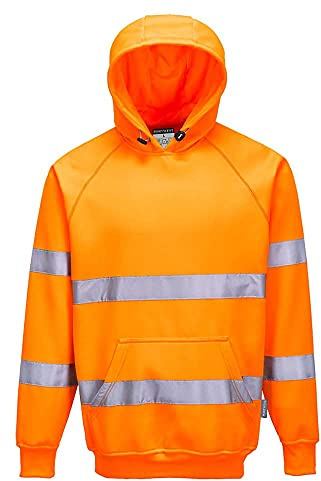 Portwest B304 Hi Vis Hoodie Mens EN ISO 20471 Class 3 Hooded Reflective Bio Motion Tape 40 Plus UPF Work Hoodies Polycotton 300g Brushed Back Kangaroo Pocket Warehouse Construction, Orange, XL