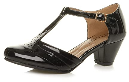 AJVANI Dam damer medelhög låg blockklack t-stång brogue komfort gummisula banskor sandaler storlek, Svart patent, 37 EU