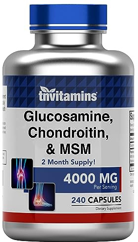 tnvitamins Glucosamine Chondroitin MSM Capsules, 240 Count | 4,000 mg Per Serving | 2,000 mg Glucosamine Sulfate 2KCl + 2,000 mg MSM & Chondroitin Blend | Joint Support Supplement