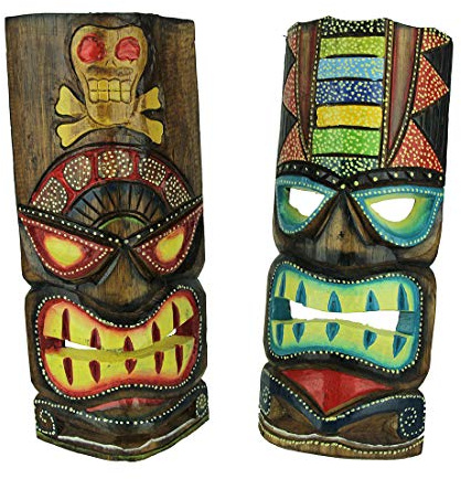 Chesapeake Bay Ltd Set of 2 Vibrant Hand-Carved Wooden Tiki Totem Wall Masks - Artisan Crafted - Tropical Island-Inspired Hanging Decor - Easy Installation - 12 Inches High