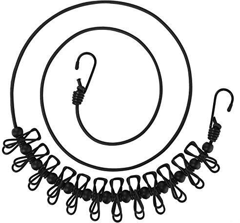 11 Feet Black Windproof Clothesline with 12 Black Clips, Adjustable Clothes Line for Home, Travel and Outdoor Hanging Clothes(Black)