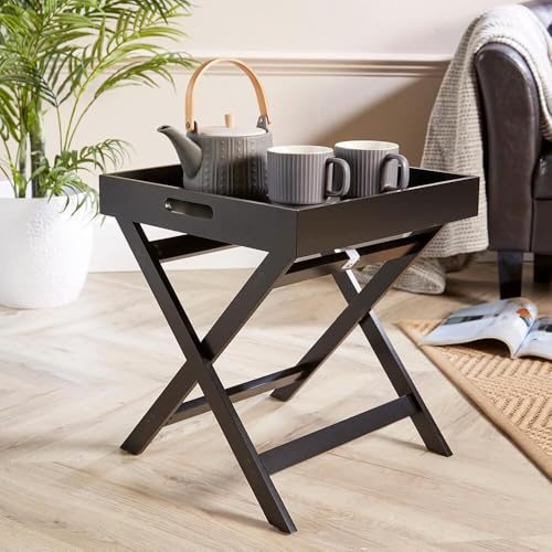 Home Source Butlers Side Table Portable Wooden Food Drink Serving Tray, Black, 40cm
