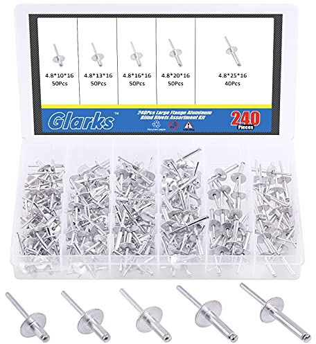 Glarks 240 Stück 3/16 Zoll x 3/8 Zoll / 1/2 Zoll / 5/8 Zoll / 3/4 Zoll / 1 Zoll große Flansch-Blindnieten 5 Größen Aluminium Popnieten Sortiment Set