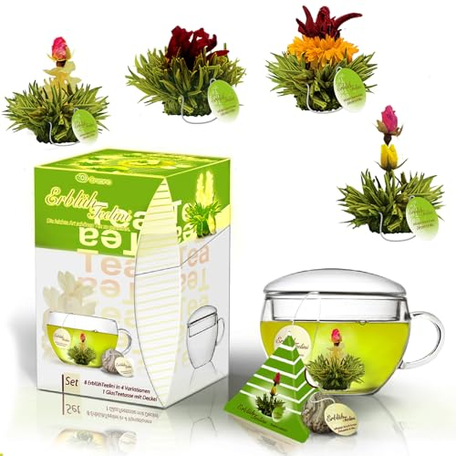 Creano Set cadeau Fleurs de thé avec théière et 8 fleurs de thé avec tasse en verre, cadeau de Noël