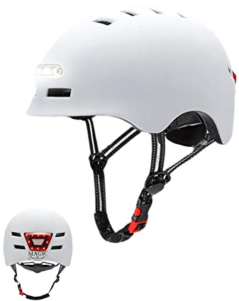 Casco Bici o Scooter con Spia Rossa + Luce LED Frontale Bianca. Casco Ciclismo, Bicicletta, Skate. Casco Monopattino con Fodera Rimovibile, Guscio PC + EPS, 14 Prese d'aria e Cavo di Ricarica USB.