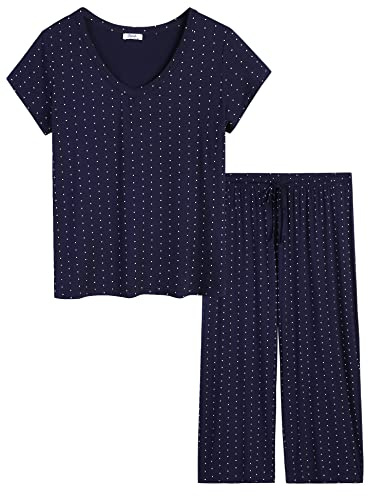 Joyaria Pigiama estivo da donna, set con maglietta a maniche corte e pantaloni a 3/4, biancheria da notte (blu marino a pois, XL)