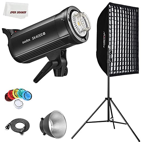 Godox SK400II-V Strobe Light Kit, 400Ws Studio Strobe Light, Built-in 2.4G Wireless, 0.1-1.5S Recycle Time, for Bowens Mount Softbox with Honeycomb Grid Softbox, Light Stand