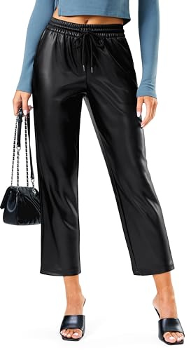 SANTINY Women's Faux Leather Pants High Waisted Straight Leg Cropped Ankle Trousers Vegan Matte Pleather Pants for Women Crop(Black_M)