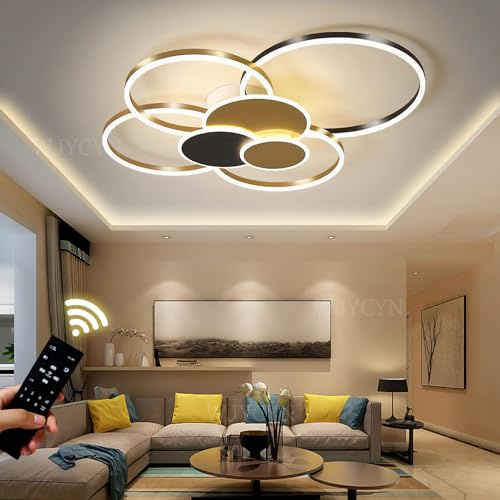 Dimbar Stor Vardagsrumslampa LED 7Ring Guld & svart Taklampa Moderna sovrumslampor med fjärrkontroller Takbelysning Taklampa i metall Akryl Taklampa Kontor Matsal 100W 8200LM