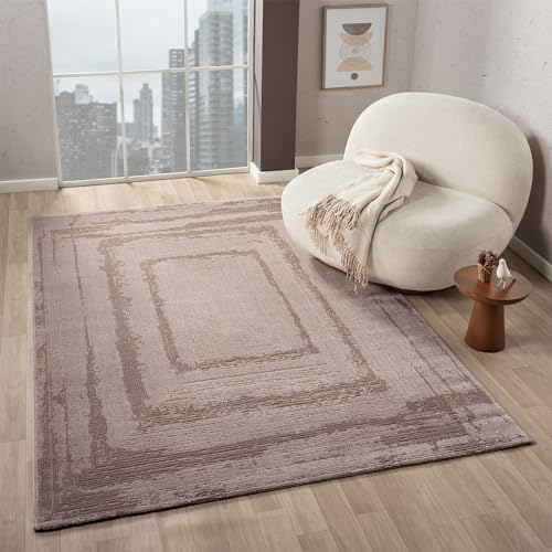 VIMODA Teppich Wohnzimmer Schlafzimmer Modern Hoch&Tief Bordüre Qualitativ 3D Effekt, Farbe:Taupe, Maße:160x230 cm