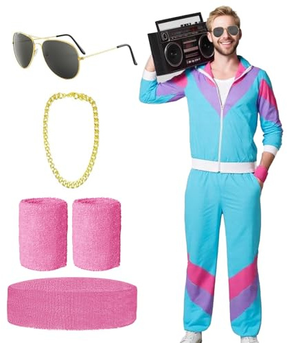 80-tals 90-tals outfit män kvinnor, 6 stycken blå karneval kostym träningsoverall, karnevalkostymer män med guldkedja pannband armband glasögon, retro kostym för karneval temafest (M)
