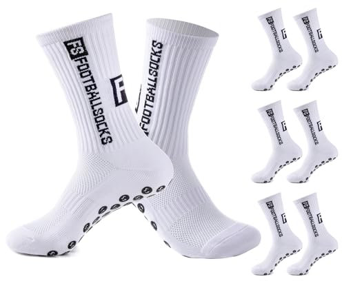 Werfunee 3 Paare Fußball Socken Football Socks Fußballsocken für Herren Damen Anti Rutsch Grip Socken Fussball (DE/NL/SE/PL, Numerisch, 39, 46, Regular, Regular, Weiß)