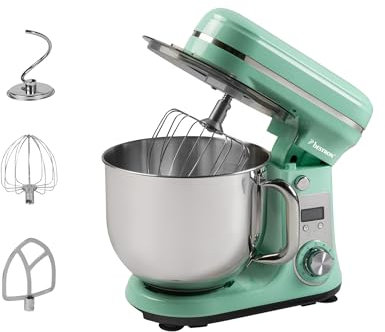 Bestron - Robot pastelero (65 dB), robot de cocina 4 en 1, cuenco de 6 litros, incluido gancho amasador, batidor y batidor plano, 6 velocidades + función Pulse, verde