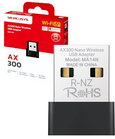 Mercusys MA14N AX300 WiFi 6 WiFi USB, Memoria WiFi para PC Fijo, 287 Mbps a 2,4 GHz, Adaptador WiFi USB para Windows 11/10/7, Linux y Kernel 3.10, diseño Nano