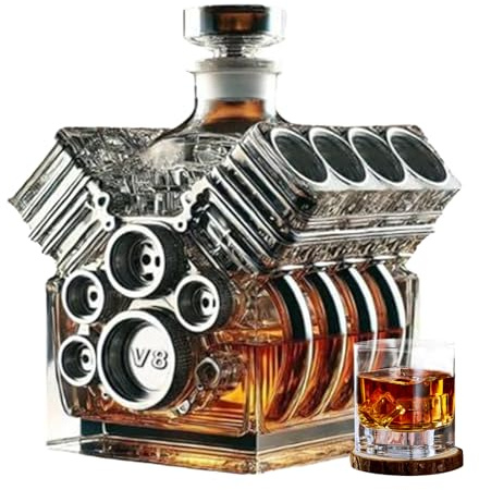 Whiskey karaff set, V8-motordesign, whiskyflaska, kreativ karaff av harts, vindispenser herrgåva för bartender och whiskyälskare (18 x 12 cm)