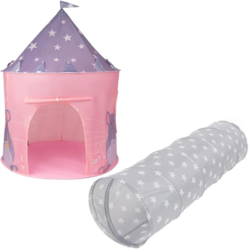 Relsy Pink Mouse Play Tent & Starry Grey Play Tunnel Set Bundle, 150cm x 45cm Toddler Crawl Tunnel, 135cm x 100cm Pop Up Tent For Kids 3+