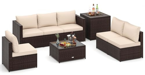 COSTWAY 8 PCS Garden Rattan Furniture Set, Corner Patio Conversation Sofa Set with Tempered Glass Coffee Table, Storage Box and Cushions, Wicker Outdoor Table and Chairs for Balcony Yard Porch
